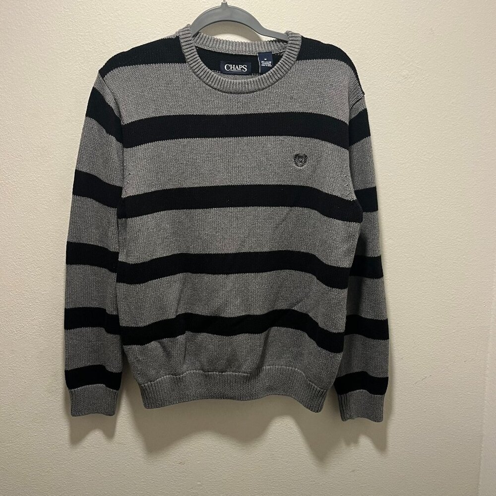 Chaps Sweater Men's Medium 100% Cotton Gray Black Striped Long Sleeve Pullover